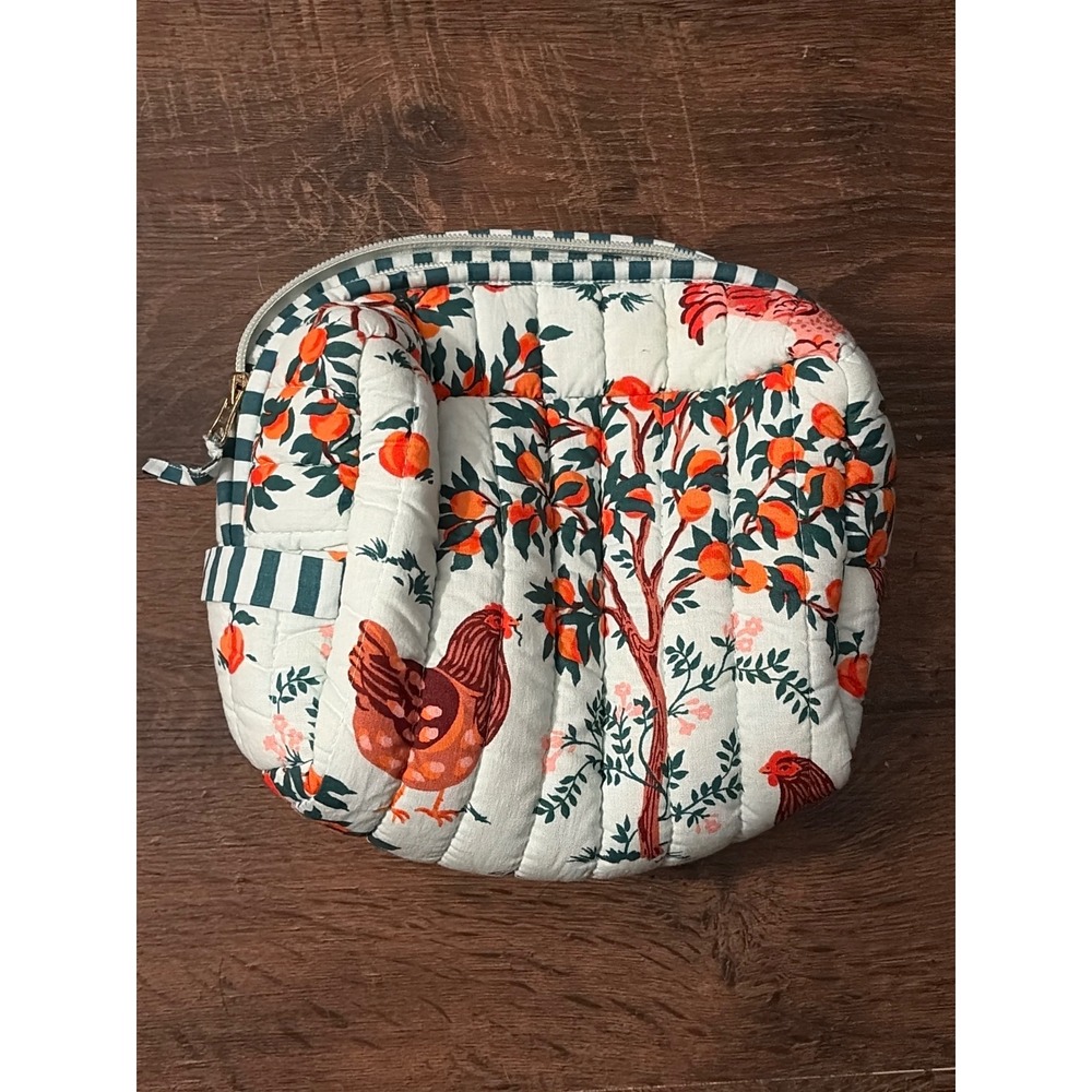 Printfresh Hen House Quilted Makeup Bag Blue Green Peach Chicken Cosmetic Case
